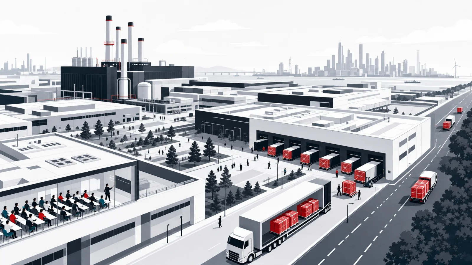 A vast interlocking campus with its own power station and training hall, dispatching sealed crates toward distant skylines