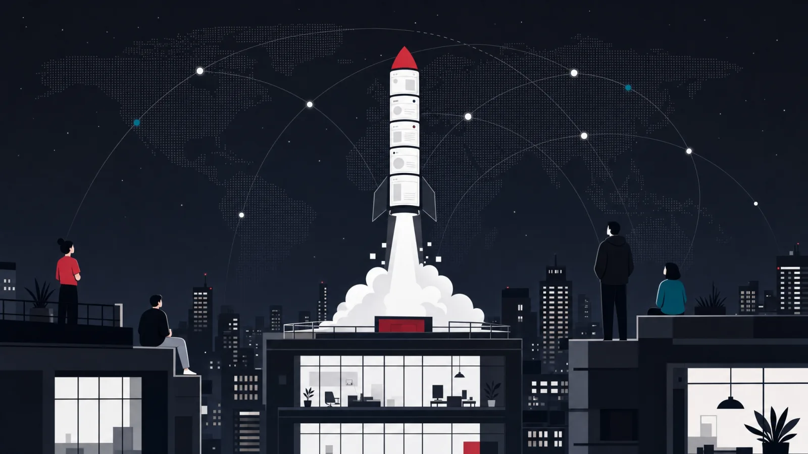 A studio building launching an app-panel rocket from its roof at night while figures watch from nearby rooftops