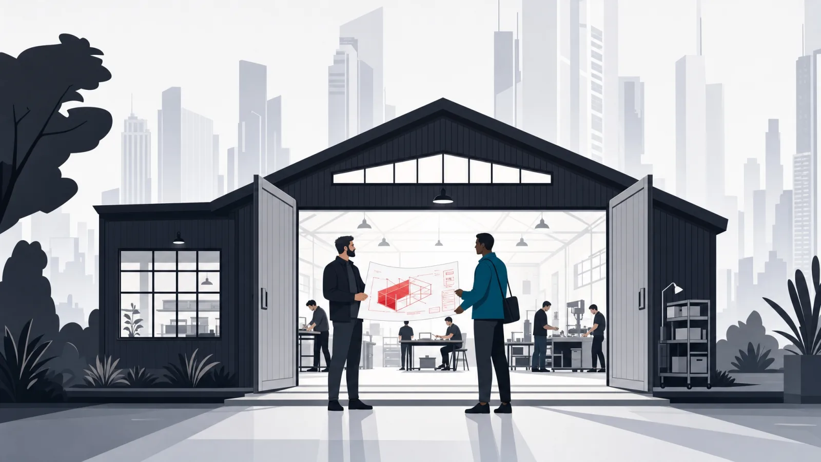 A mid-size workshop with open doors where the lead greets a buyer at eye level, both holding one blueprint