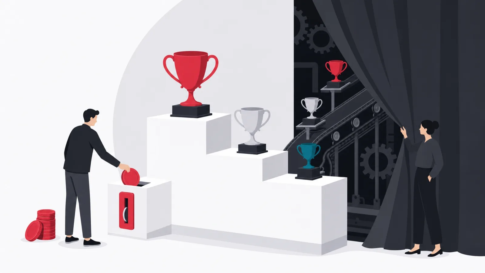 A coin-operated podium mechanism lifting trophies to ranked steps while an observer lifts the curtain revealing it